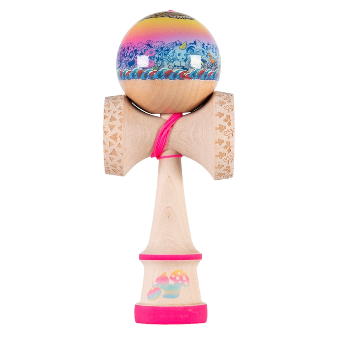 A Nowa Champ Model Kendama with a sticky tama, pink string, and painted/laser engraved ken.