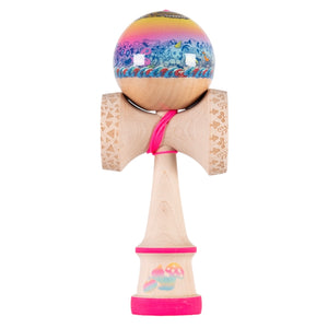A Nowa Champ Model Kendama with a sticky tama, pink string, and painted/laser engraved ken.