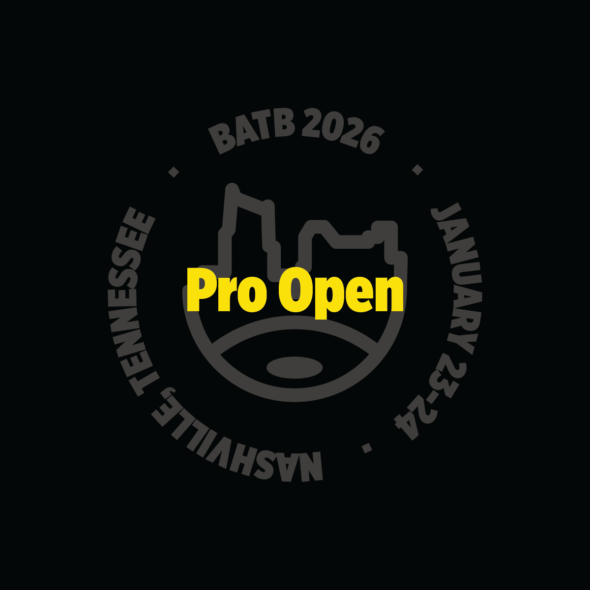 Logo for Pro Open event with text and silhouette on a black background