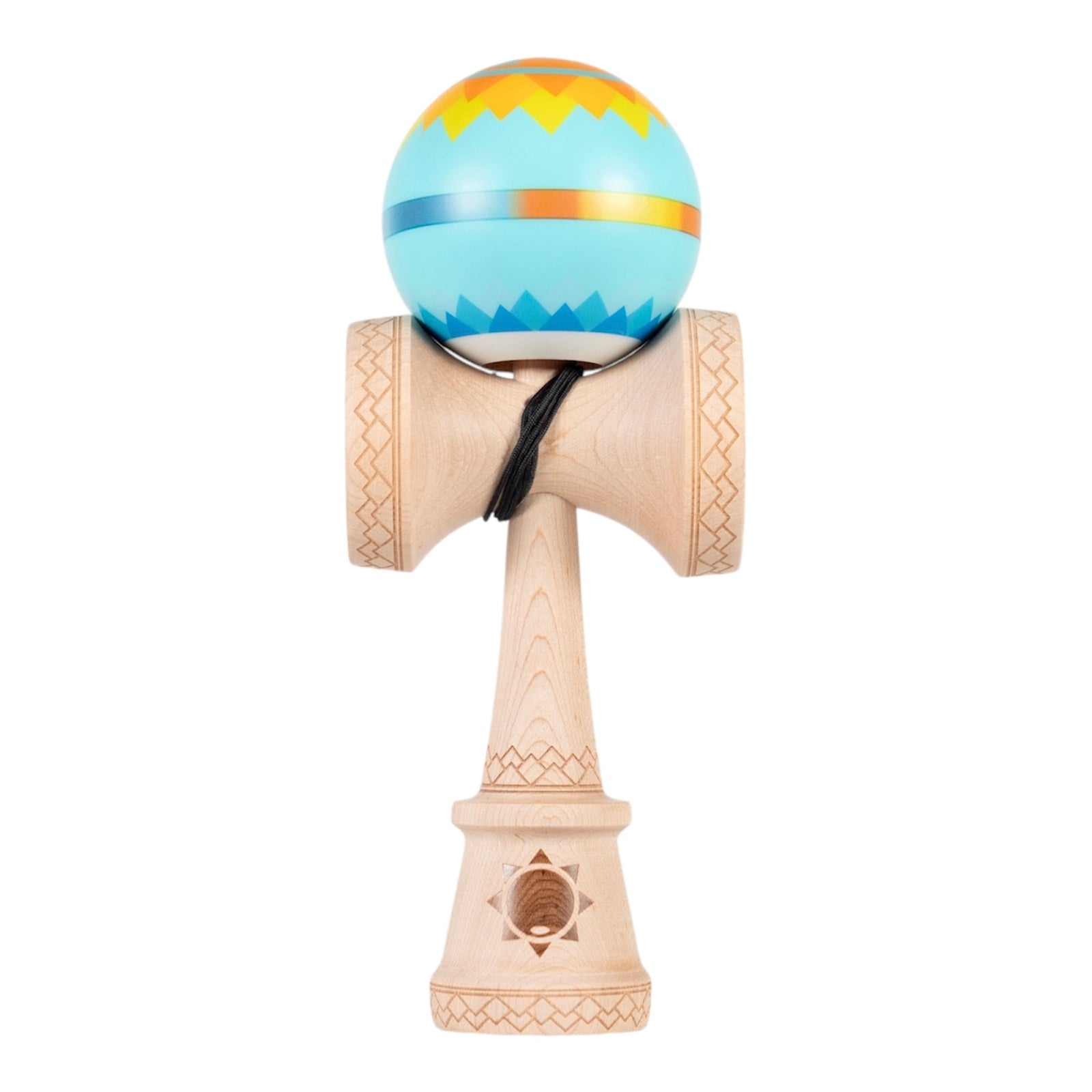 A Sol x Sweets collaboration kendama with a geometric patterned ball and solid wood handle, equipped with a black string.